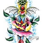 Modèle de tatouage de rose old school et poignard