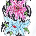 Modèle de tatouage de fleurs en couleur sur la cuisse Modèle de tatouage de fleurs en couleur sur la cuisse
