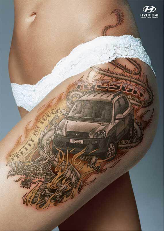 Tatouage sur la cuisse pour une publicité Hyundai